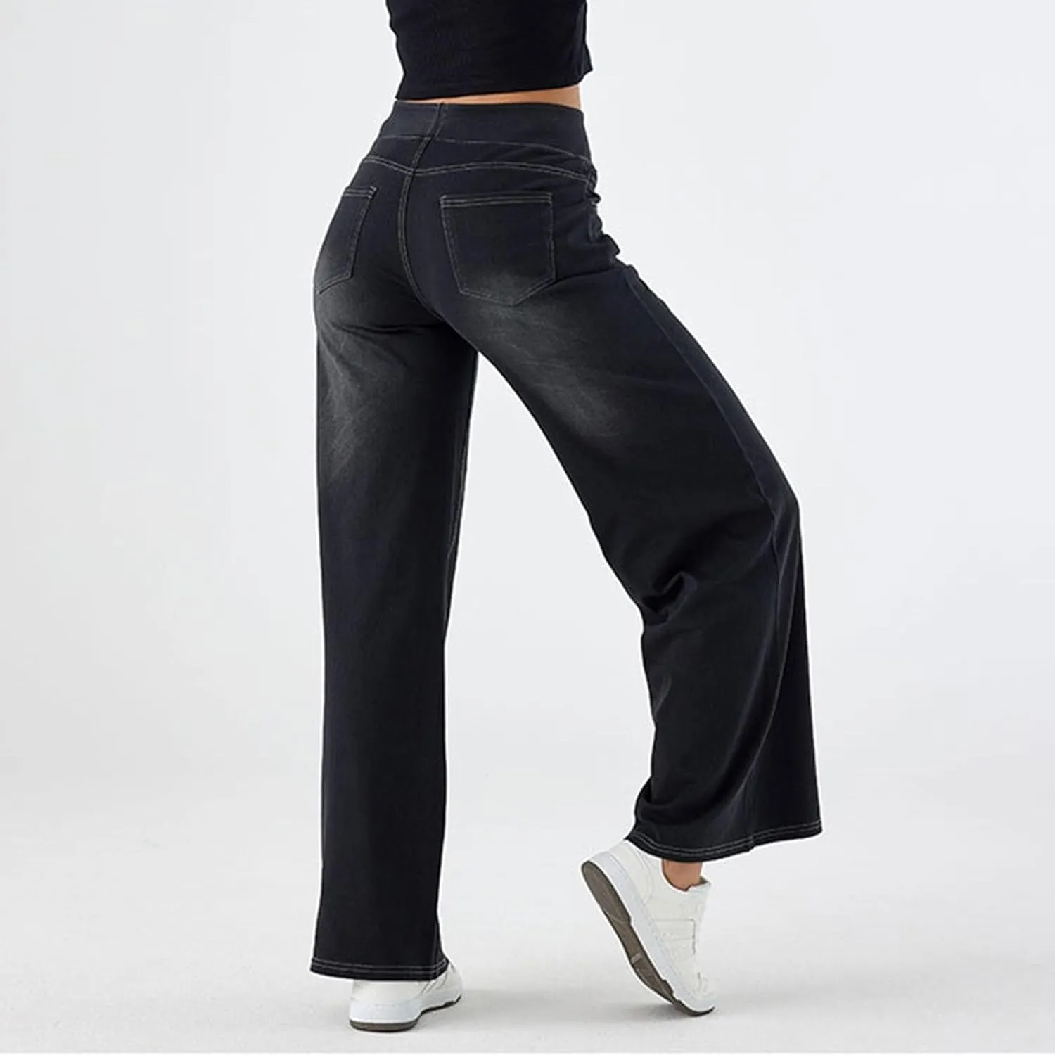 Women Jeans Petite Straight Loose Jeans Lightweight Wide Leg Summer Elastic Waist Lounge Denim Pants with Pockets