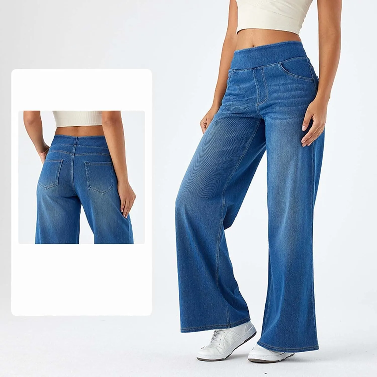 Women Jeans Petite Straight Loose Jeans Lightweight Wide Leg Summer Elastic Waist Lounge Denim Pants with Pockets