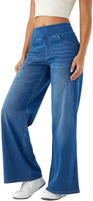 Women Jeans Petite Straight Loose Jeans Lightweight Wide Leg Summer Elastic Waist Lounge Denim Pants with Pockets