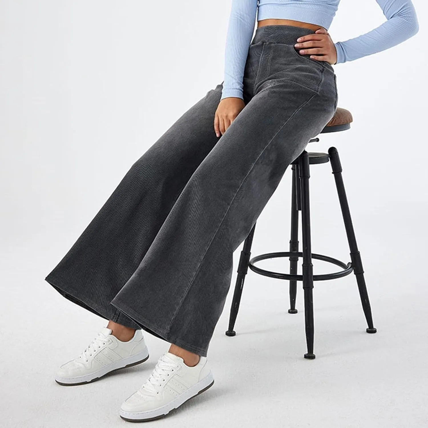 Women Jeans Petite Straight Loose Jeans Lightweight Wide Leg Summer Elastic Waist Lounge Denim Pants with Pockets
