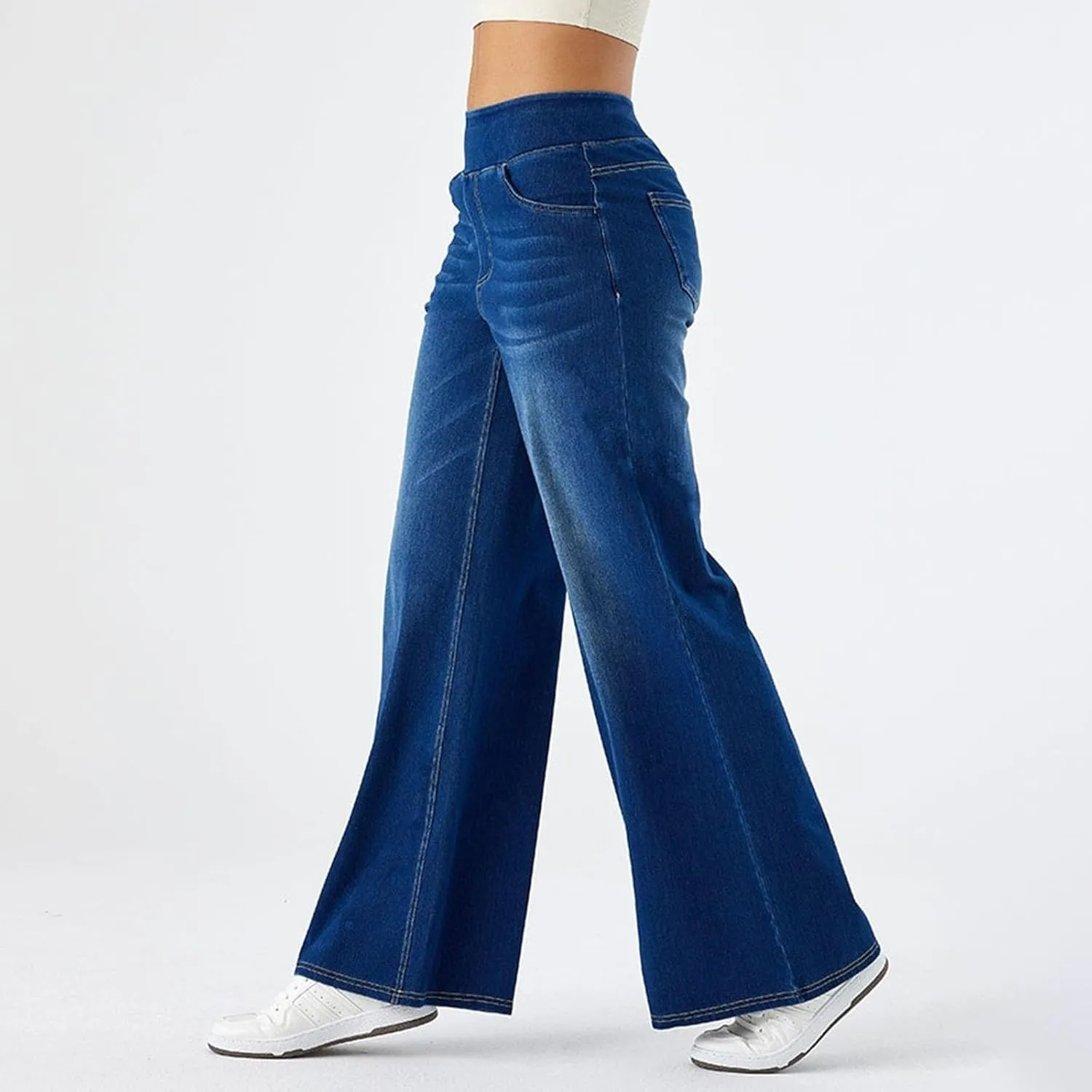 Women Jeans Petite Straight Loose Jeans Lightweight Wide Leg Summer Elastic Waist Lounge Denim Pants with Pockets