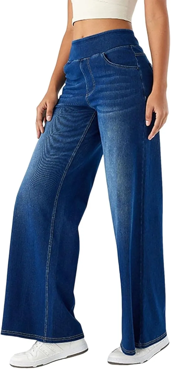 Women Jeans Petite Straight Loose Jeans Lightweight Wide Leg Summer Elastic Waist Lounge Denim Pants with Pockets