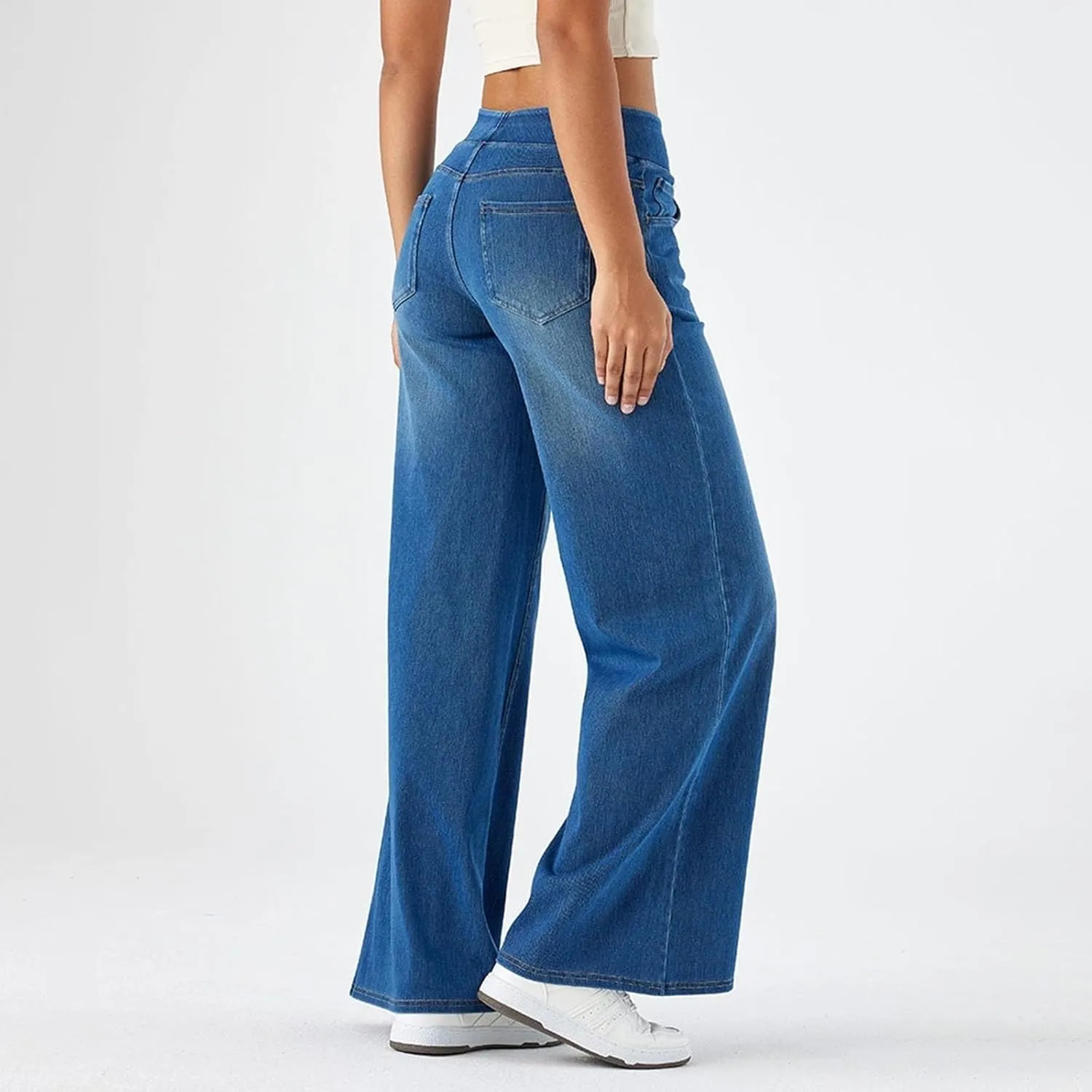 Women Jeans Petite Straight Loose Jeans Lightweight Wide Leg Summer Elastic Waist Lounge Denim Pants with Pockets