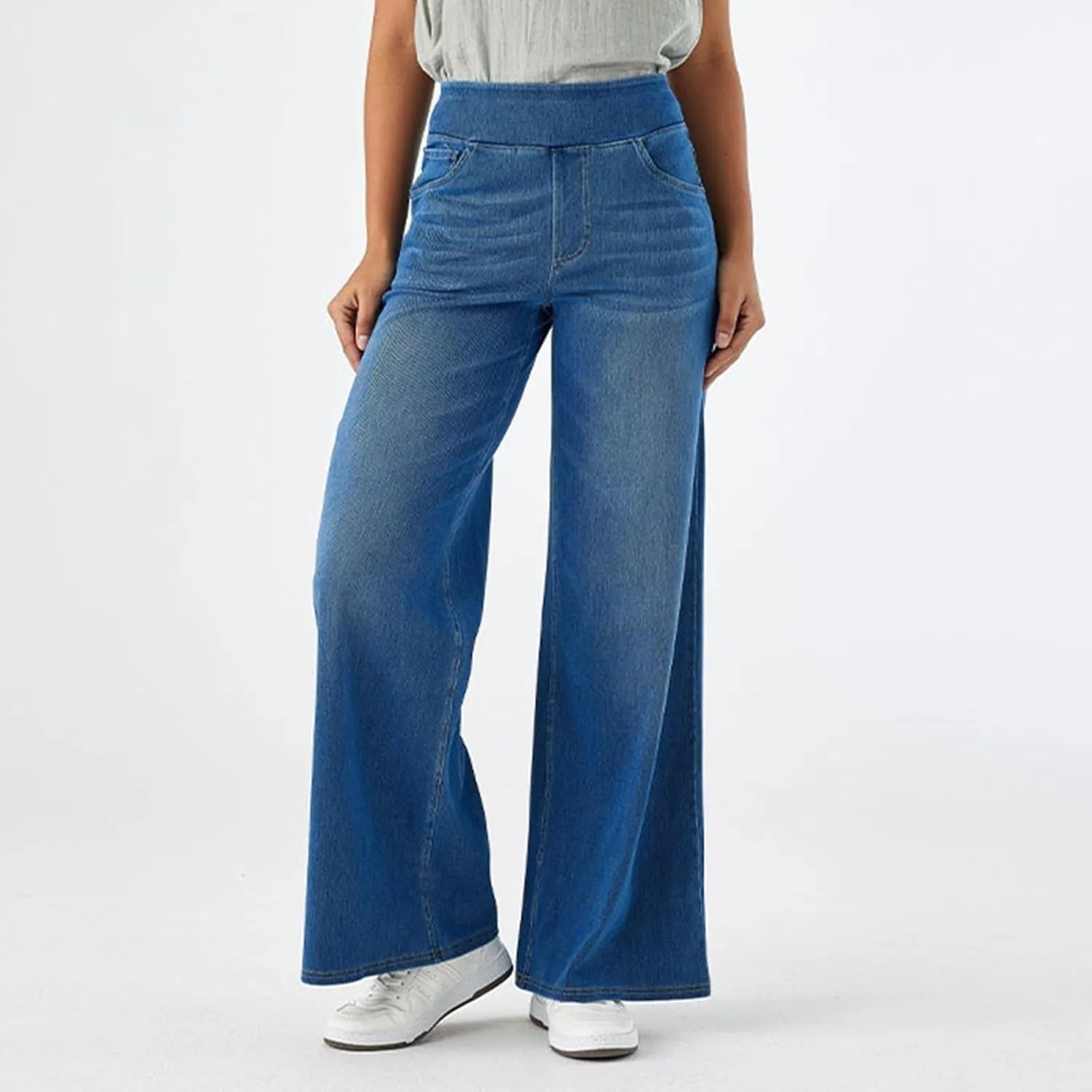 Women Jeans Petite Straight Loose Jeans Lightweight Wide Leg Summer Elastic Waist Lounge Denim Pants with Pockets