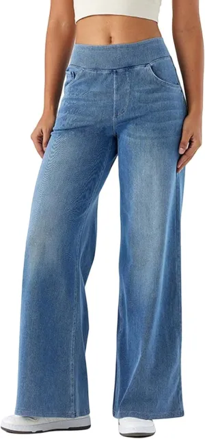 Women Jeans Petite Straight Loose Jeans Lightweight Wide Leg Summer Elastic Waist Lounge Denim Pants with Pockets