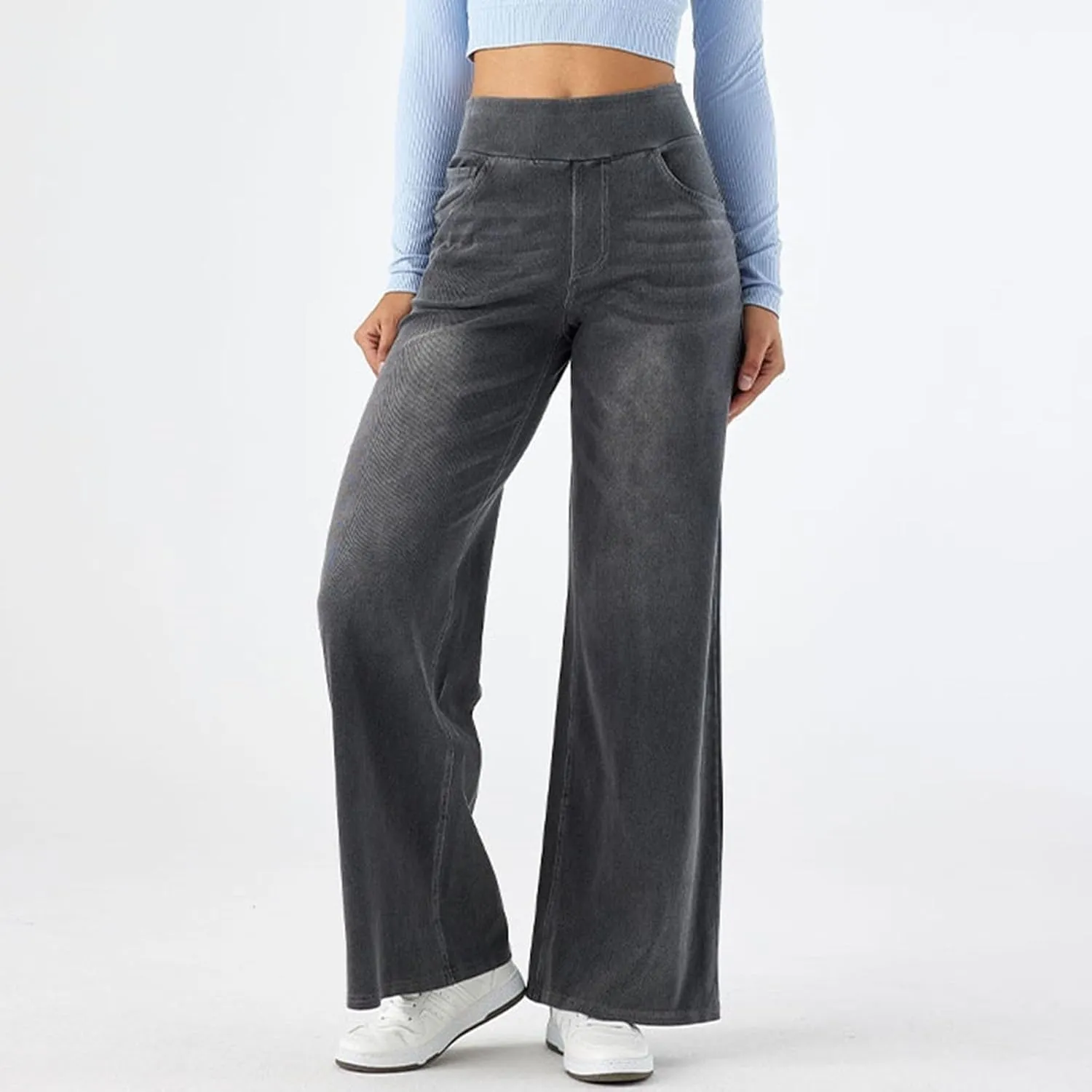 Women Jeans Petite Straight Loose Jeans Lightweight Wide Leg Summer Elastic Waist Lounge Denim Pants with Pockets