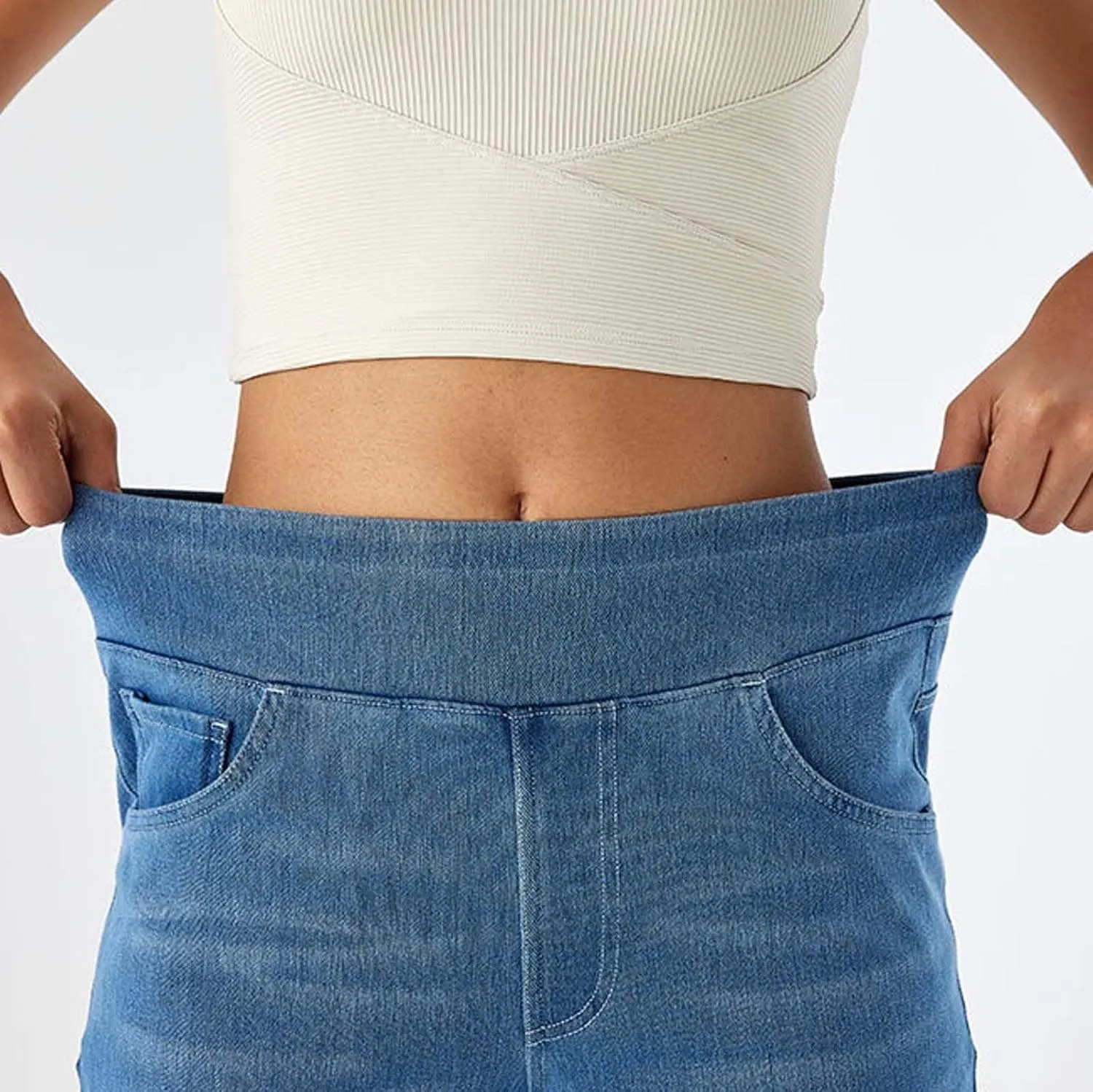 Women Jeans Petite Straight Loose Jeans Lightweight Wide Leg Summer Elastic Waist Lounge Denim Pants with Pockets