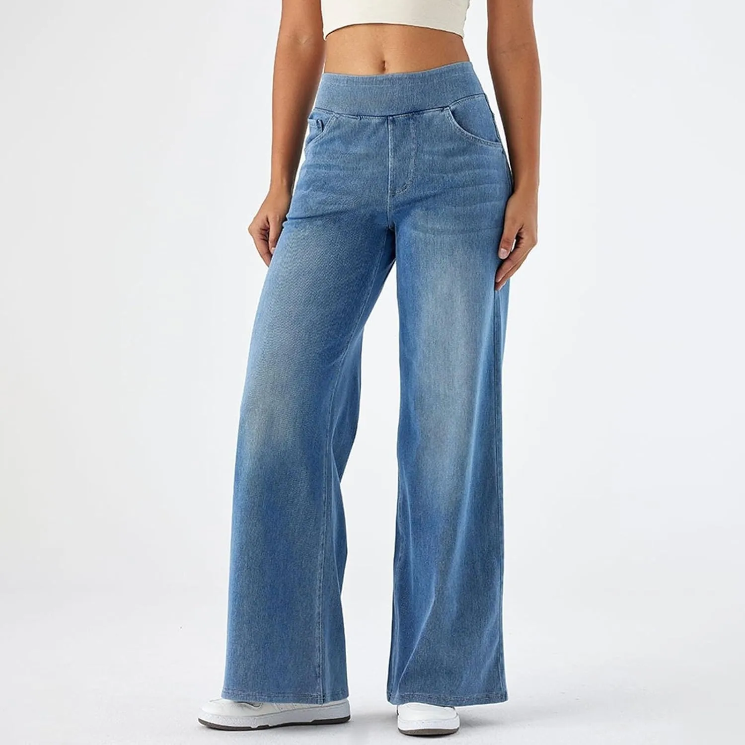 Women Jeans Petite Straight Loose Jeans Lightweight Wide Leg Summer Elastic Waist Lounge Denim Pants with Pockets