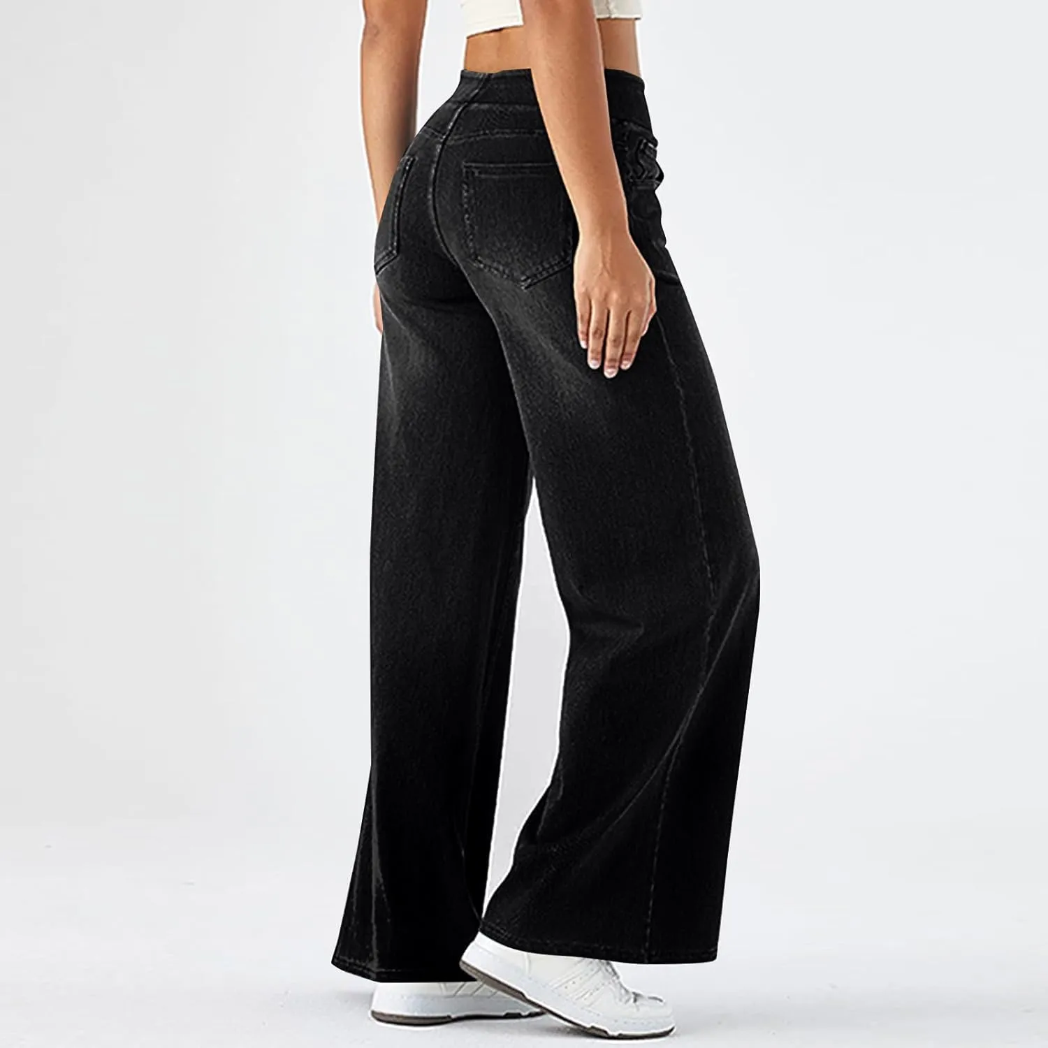 Women Jeans Petite Straight Loose Jeans Lightweight Wide Leg Summer Elastic Waist Lounge Denim Pants with Pockets