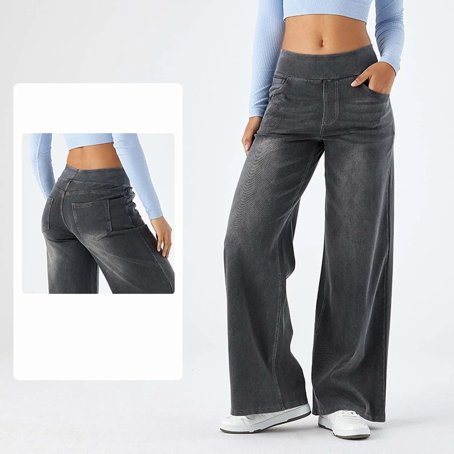 Women Jeans Petite Straight Loose Jeans Lightweight Wide Leg Summer Elastic Waist Lounge Denim Pants with Pockets