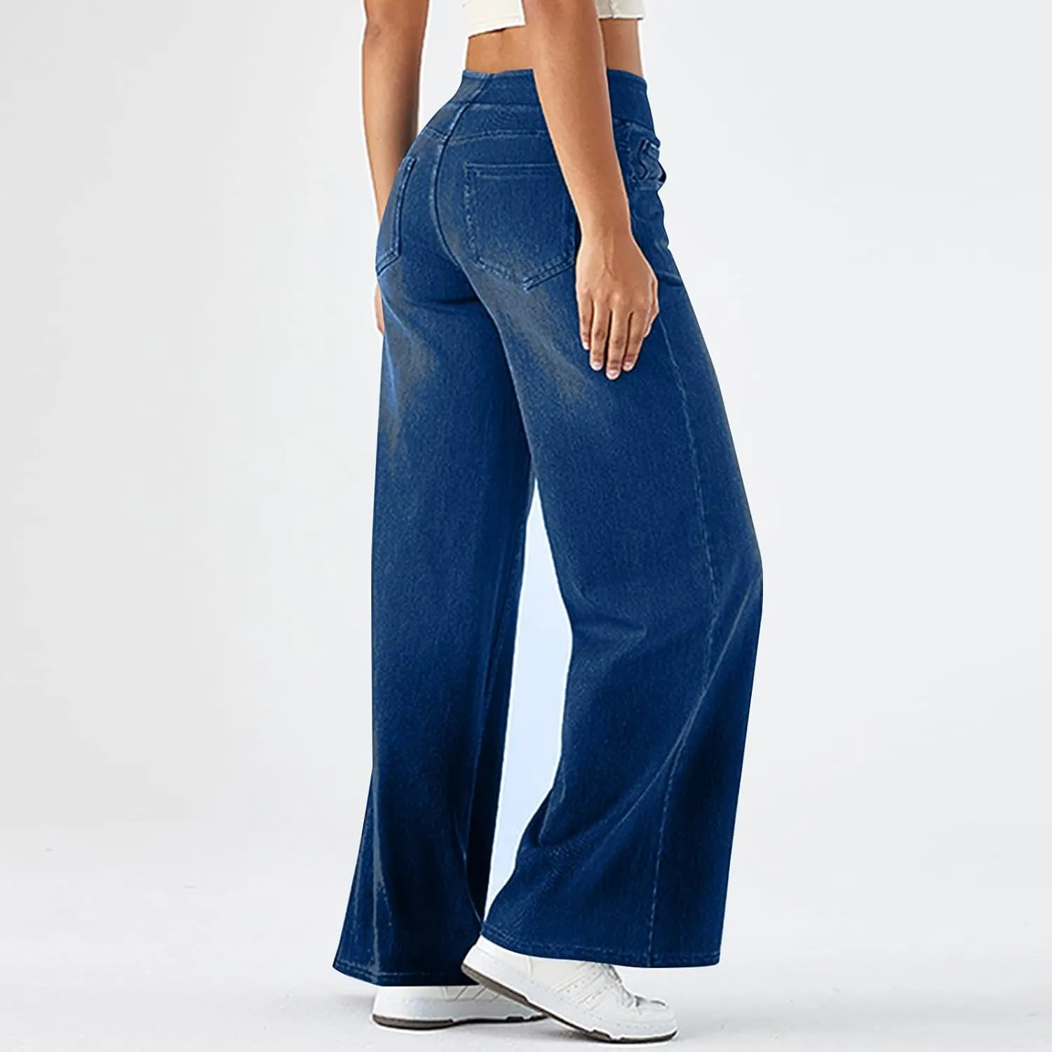 Women Jeans Petite Straight Loose Jeans Lightweight Wide Leg Summer Elastic Waist Lounge Denim Pants with Pockets
