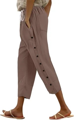 Women Linen Pants 2025 Wide Leg Casual Adjustable Tie Palazzo Pant Cotton Lounge Beach Summer Trousers with Pockets