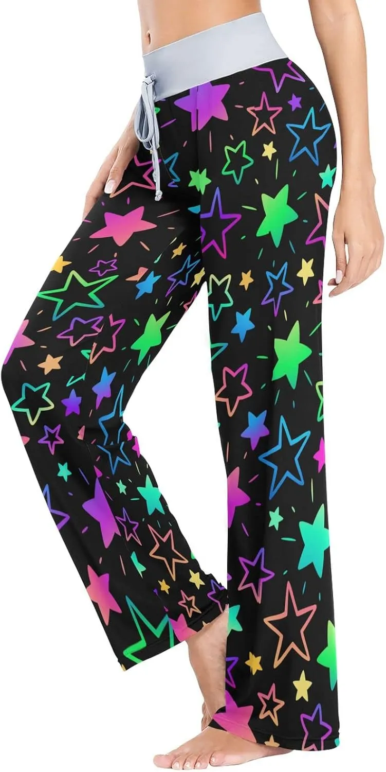 Women Pajama Pants Lounge Pants Long Stretch Comfy Sleepwear Bright Neon Stars