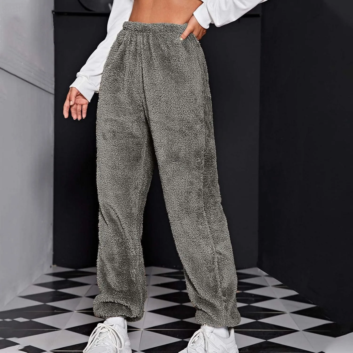 Women Sherpa Lined Pants Winter Warm Thicken Jogger Athletic Sweatpants Fuzzy Fleece Velvet Pajama Bottoms Sleepwear