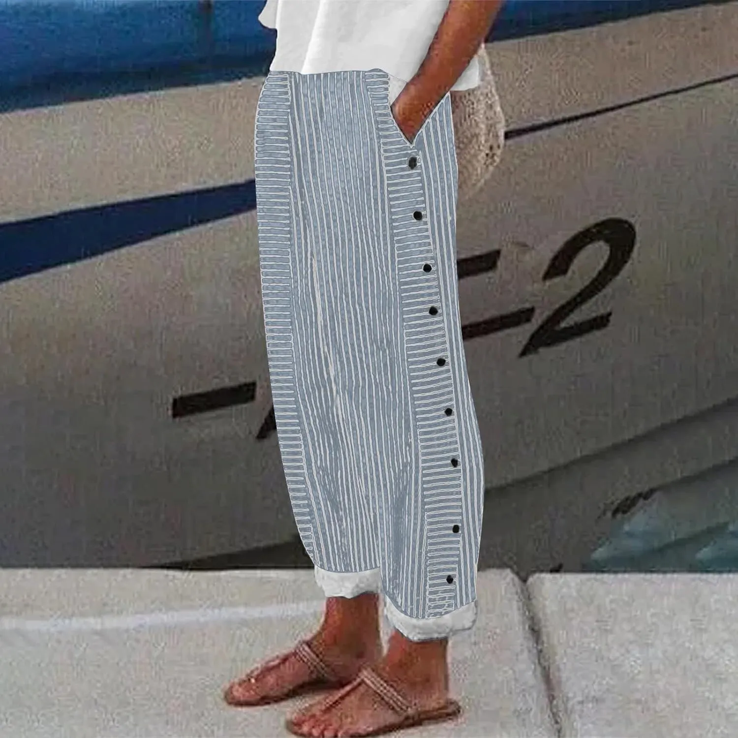 Women Striped Linen Pants Casual Breathable Wide Leg Travel Vacation Beach Pants Elastic Waist Pull On Lounge Pants