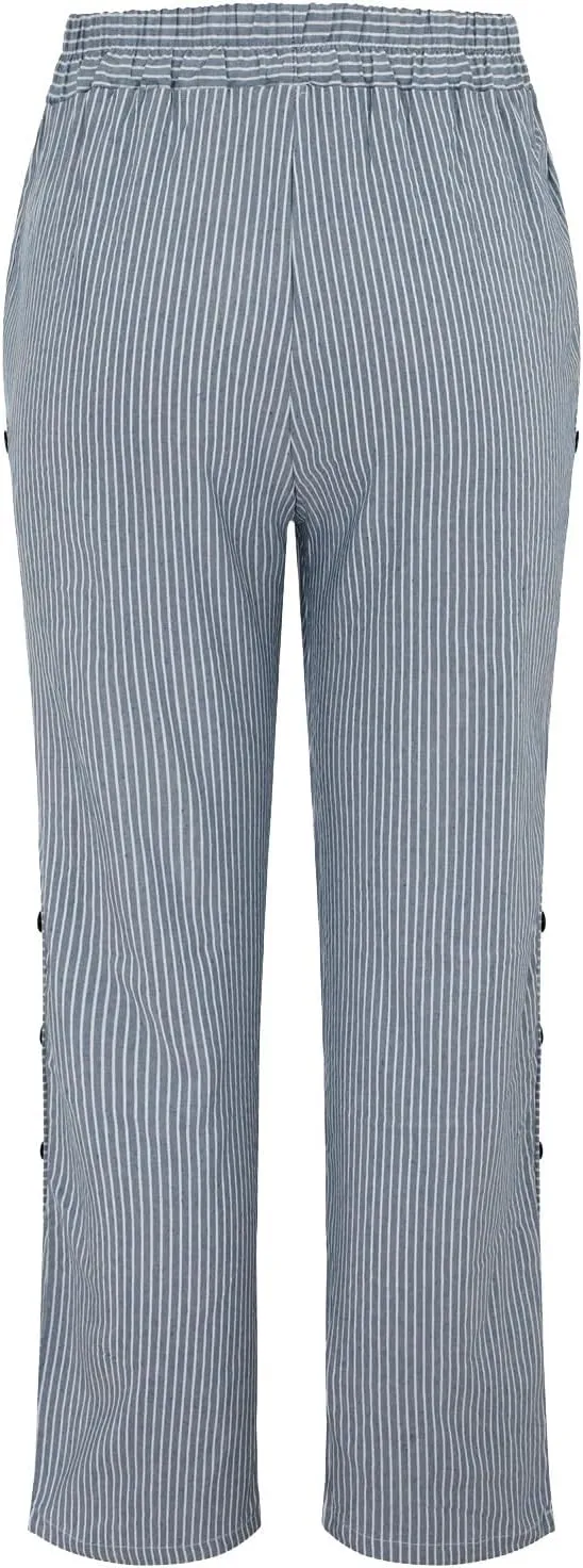 Women Striped Linen Pants Casual Breathable Wide Leg Travel Vacation Beach Pants Elastic Waist Pull On Lounge Pants