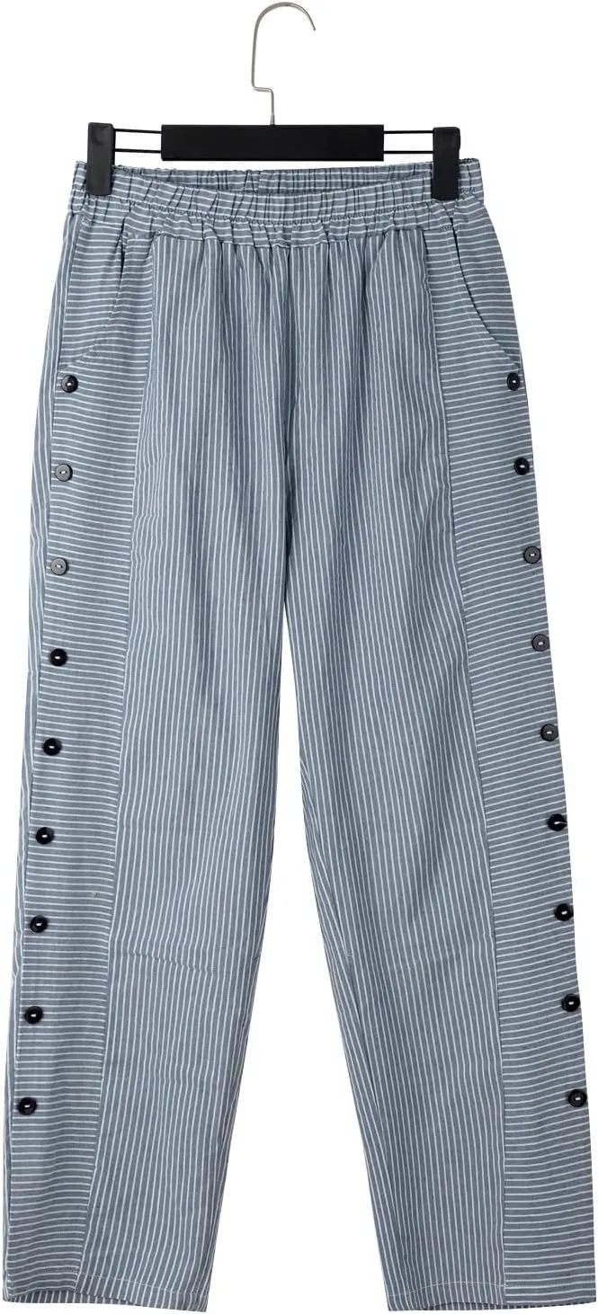 Women Striped Linen Pants Casual Breathable Wide Leg Travel Vacation Beach Pants Elastic Waist Pull On Lounge Pants