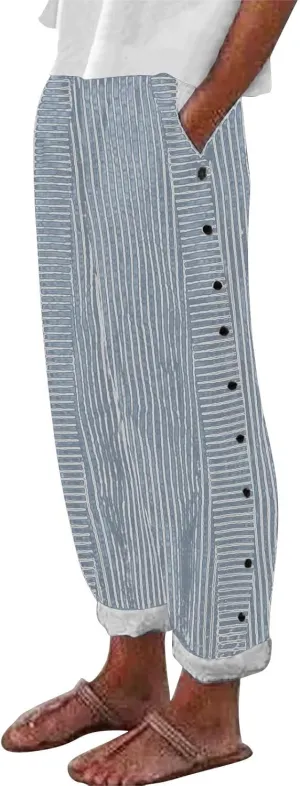 Women Striped Linen Pants Casual Breathable Wide Leg Travel Vacation Beach Pants Elastic Waist Pull On Lounge Pants