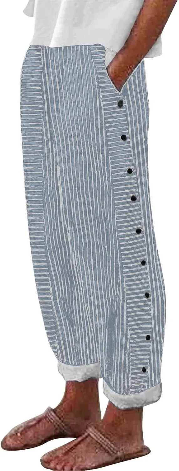 Women Striped Linen Pants Casual Breathable Wide Leg Travel Vacation Beach Pants Elastic Waist Pull On Lounge Pants