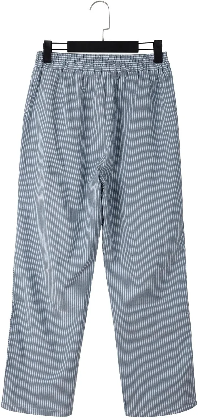 Women Striped Linen Pants Casual Breathable Wide Leg Travel Vacation Beach Pants Elastic Waist Pull On Lounge Pants