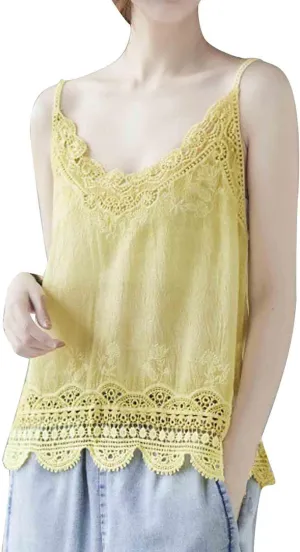 Women Summer Tops Sexy Hollow Out Lace Trim Camisoles Sleeveless V Neck Vintage Cute Tanks Casual Solid Loose Shirts