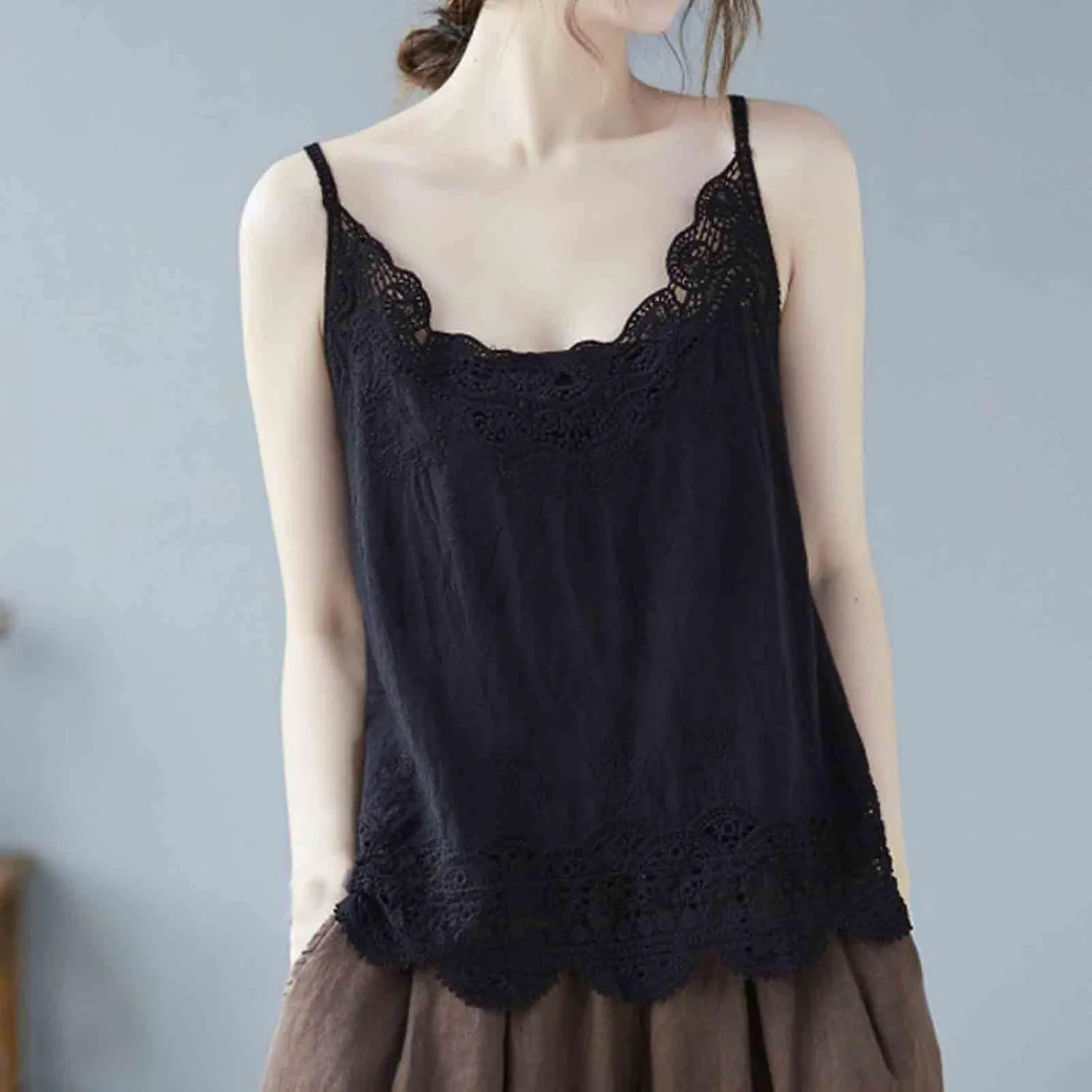 Women Summer Tops Sexy Hollow Out Lace Trim Camisoles Sleeveless V Neck Vintage Cute Tanks Casual Solid Loose Shirts