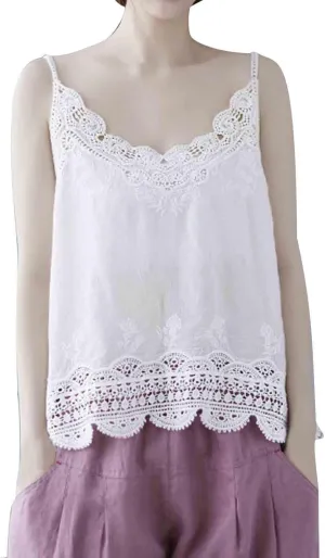 Women Summer Tops Sexy Hollow Out Lace Trim Camisoles Sleeveless V Neck Vintage Cute Tanks Casual Solid Loose Shirts