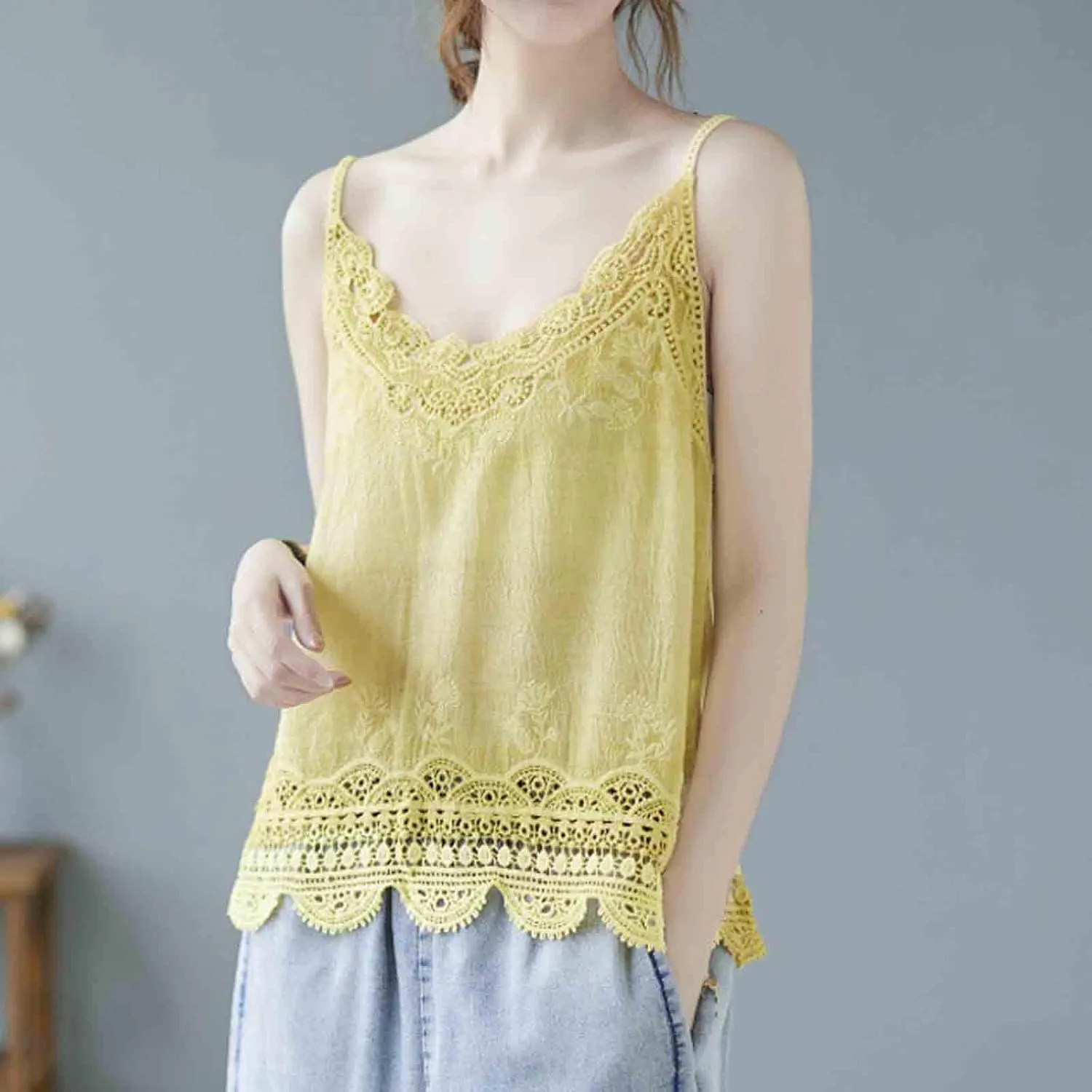 Women Summer Tops Sexy Hollow Out Lace Trim Camisoles Sleeveless V Neck Vintage Cute Tanks Casual Solid Loose Shirts