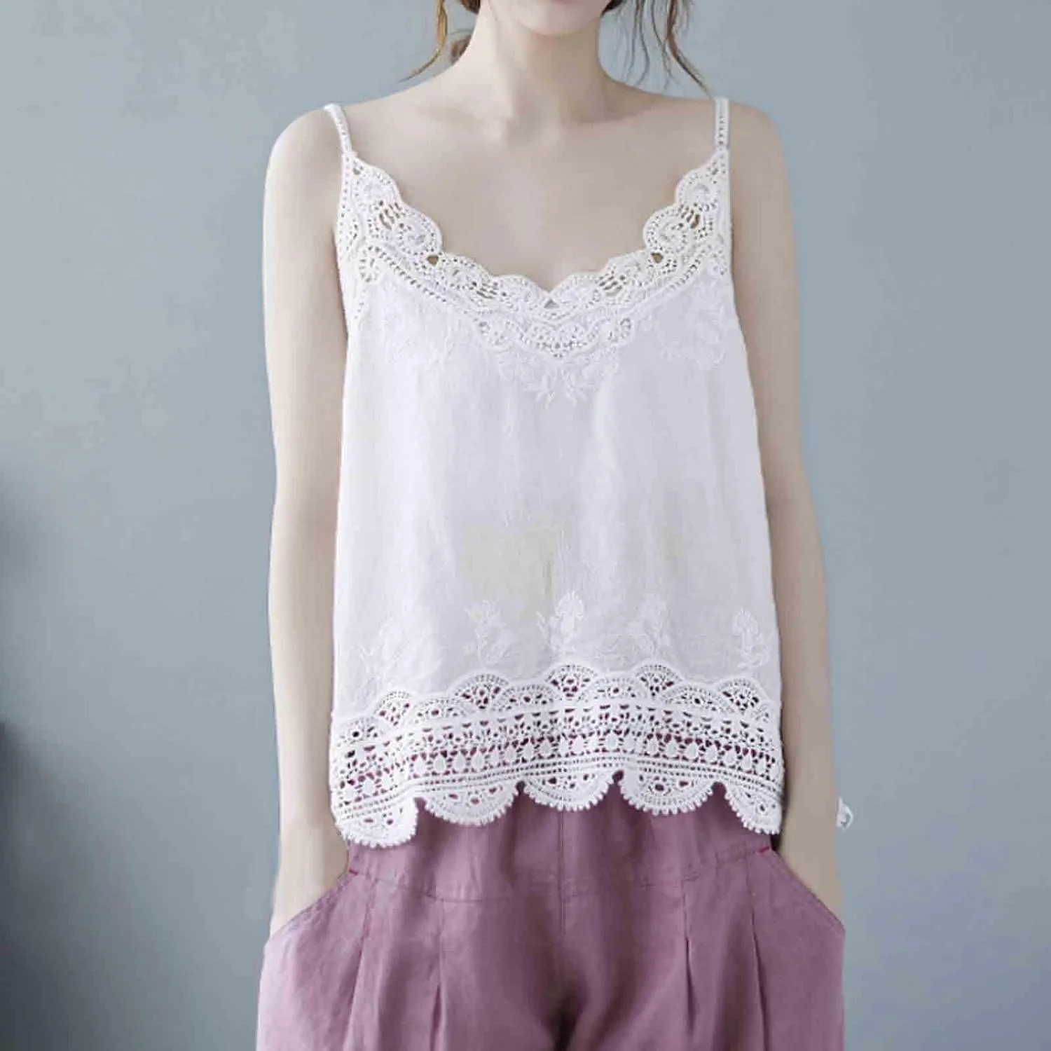Women Summer Tops Sexy Hollow Out Lace Trim Camisoles Sleeveless V Neck Vintage Cute Tanks Casual Solid Loose Shirts