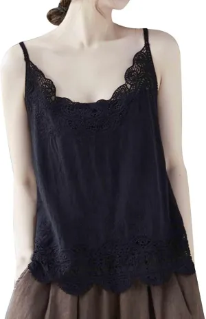 Women Summer Tops Sexy Hollow Out Lace Trim Camisoles Sleeveless V Neck Vintage Cute Tanks Casual Solid Loose Shirts
