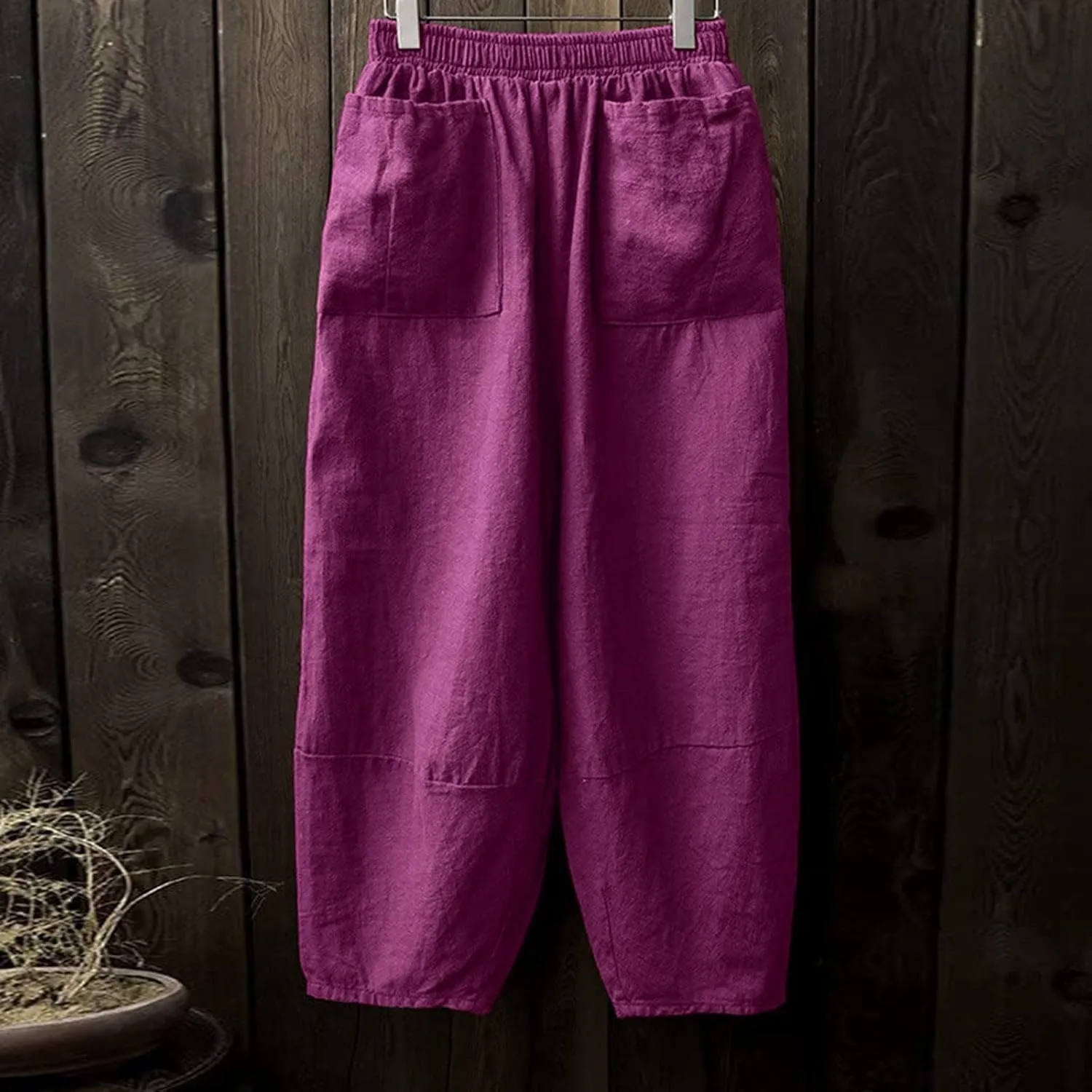 Women Vintage Cotton Linen Pant Casual Solid Colours Harem Pant Summer Lightweight Trousers with Pockets (Purple, S)
