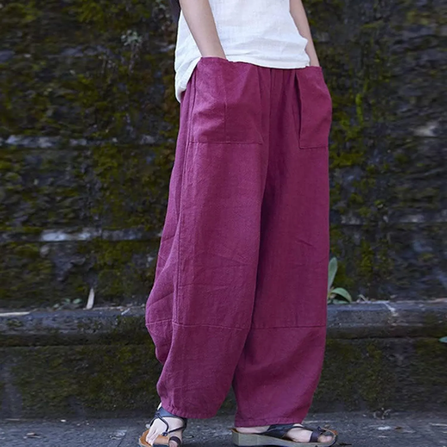Women Vintage Cotton Linen Pant Casual Solid Colours Harem Pant Summer Lightweight Trousers with Pockets (Purple, S)