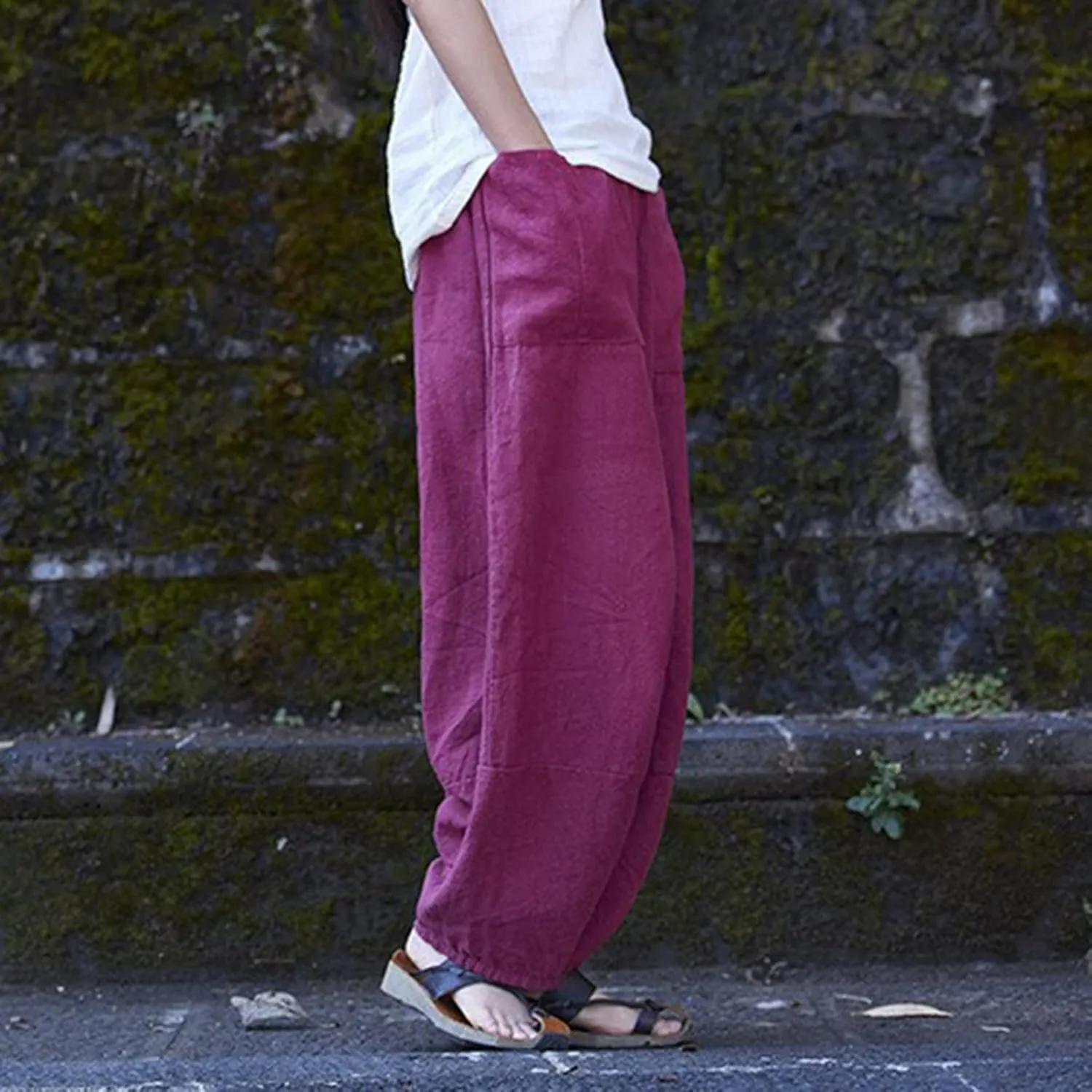 Women Vintage Cotton Linen Pant Casual Solid Colours Harem Pant Summer Lightweight Trousers with Pockets (Purple, S)