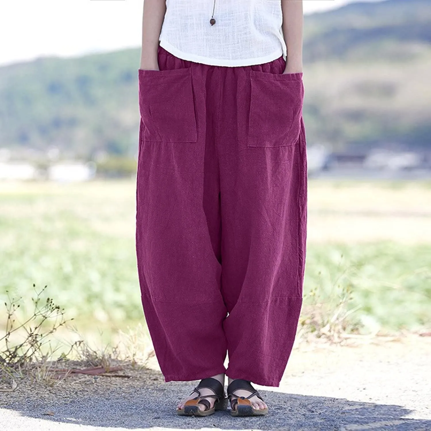 Women Vintage Cotton Linen Pant Casual Solid Colours Harem Pant Summer Lightweight Trousers with Pockets (Purple, S)