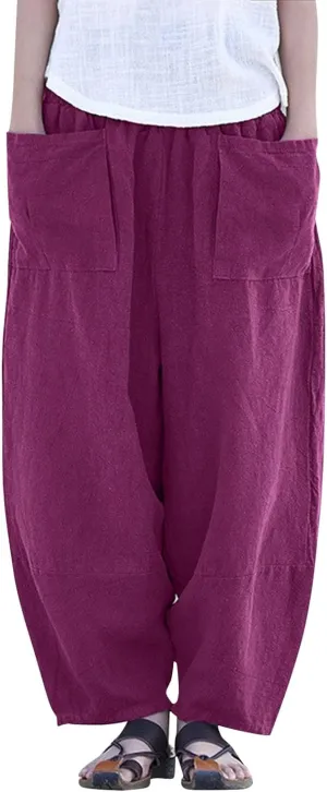 Women Vintage Cotton Linen Pant Casual Solid Colours Harem Pant Summer Lightweight Trousers with Pockets (Purple, S)