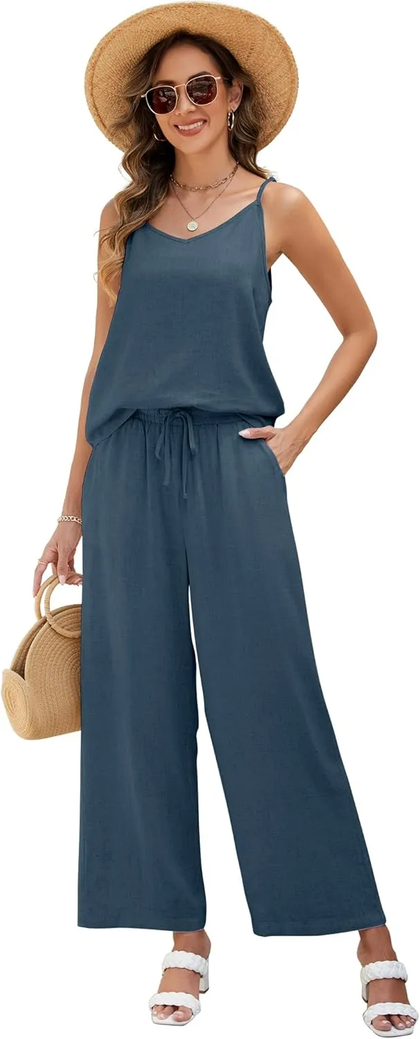 Womens 2 Piece Linen Lounge Set Summer Casual V Neck Tank Top Matching Wide Leg Pants Set Beach Travel Vacation Outfit