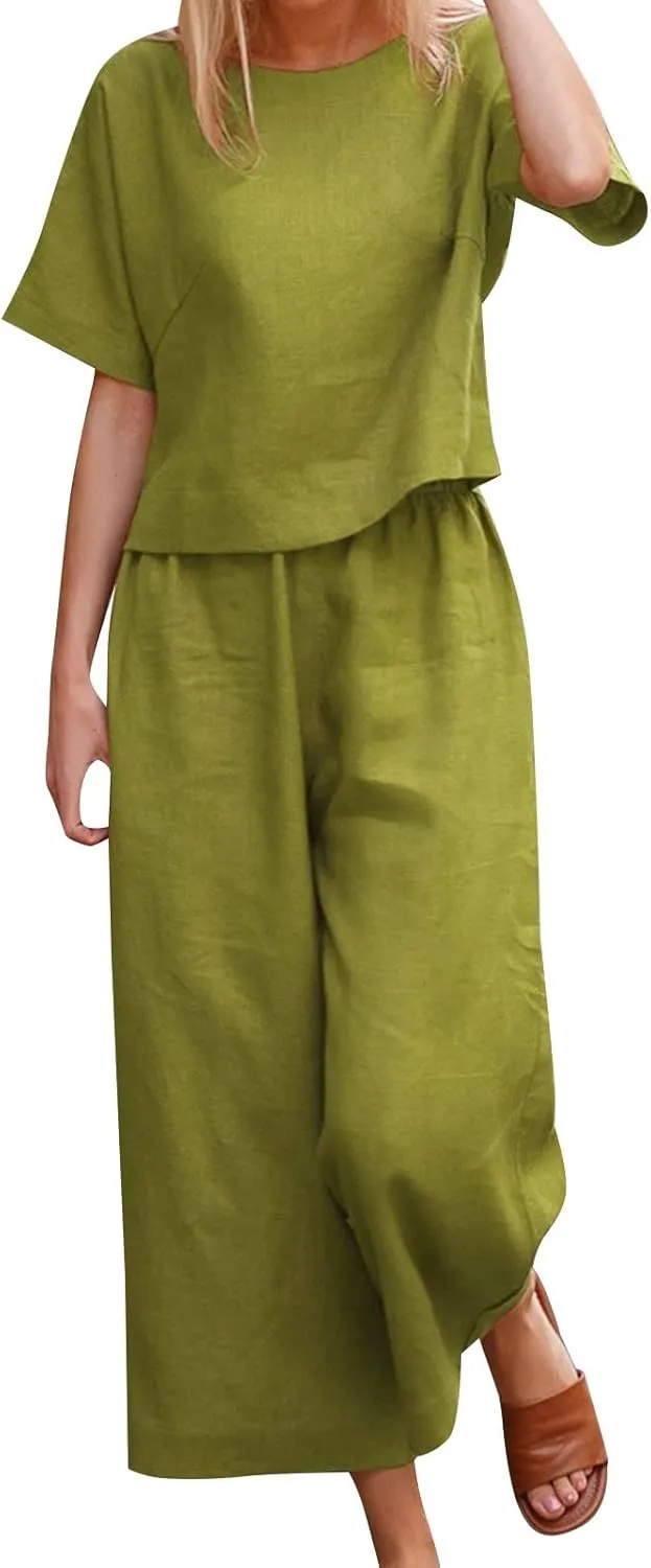 Women's 2 Piece Outfits Linen Short Sleeve Set Floral Print Crewneck Tops Wide Leg Pants Set Summer Matching Outfit