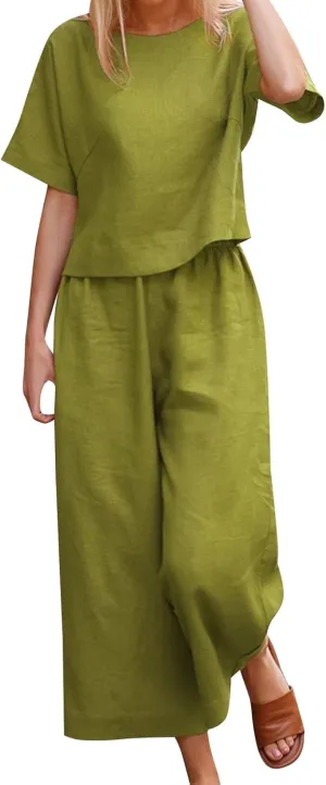 Women's 2 Piece Outfits Linen Short Sleeve Set Floral Print Crewneck Tops Wide Leg Pants Set Summer Matching Outfit