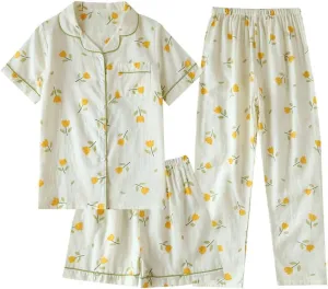 Womens 3pcs Cotton Gauze Pajama Set Short Sleeve Sleepwear Floral Print Cute Pj Set with Long Pants