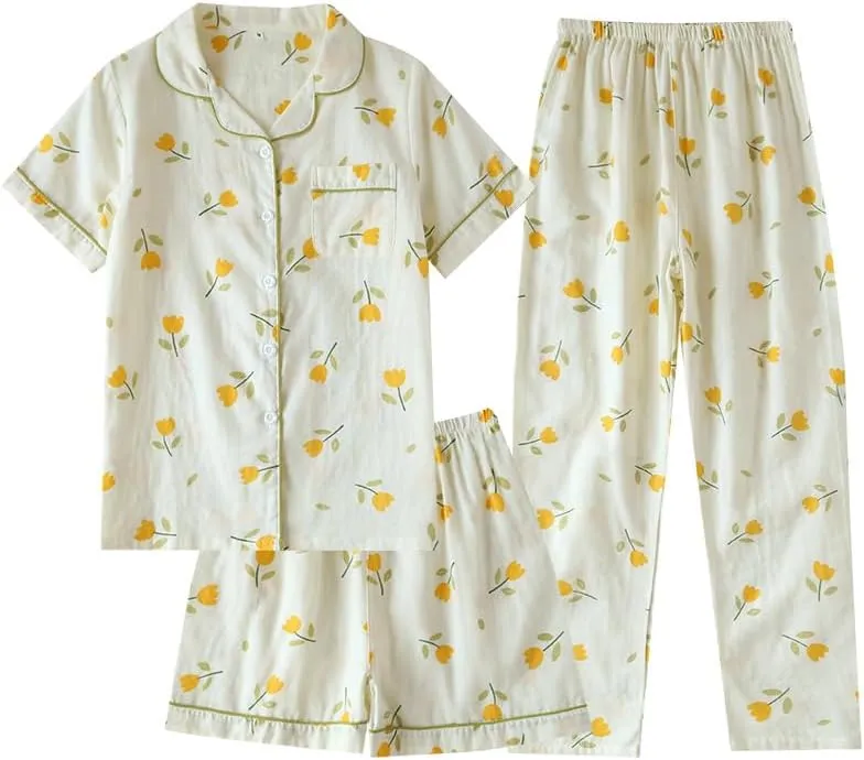 Womens 3pcs Cotton Gauze Pajama Set Short Sleeve Sleepwear Floral Print Cute Pj Set with Long Pants