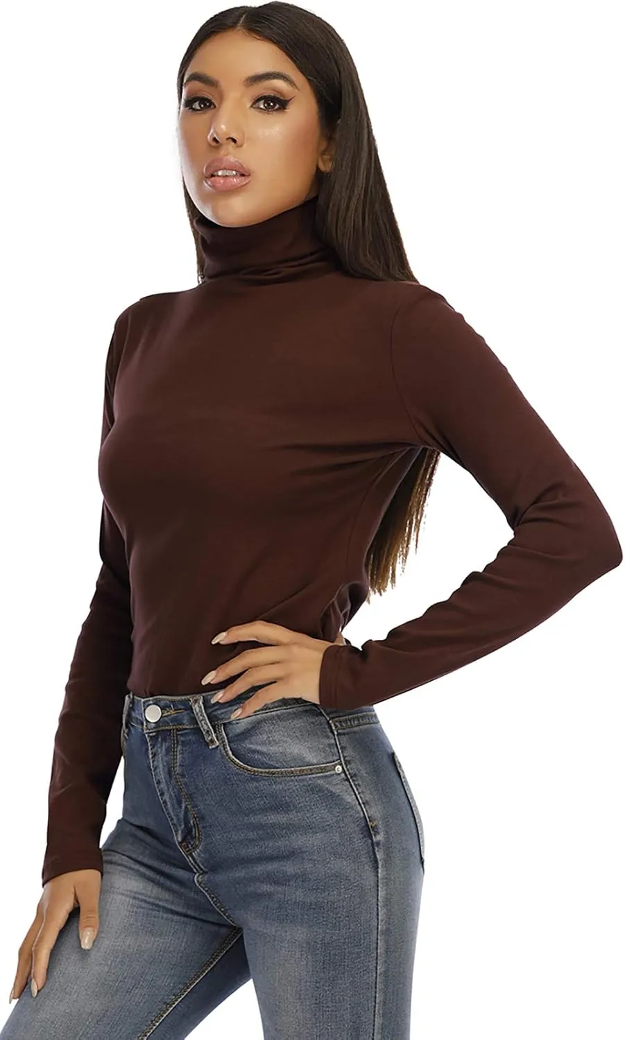 Women's Basic Long Sleeve Turtleneck T-Shirt Solid Slim Soft Cotton Tops