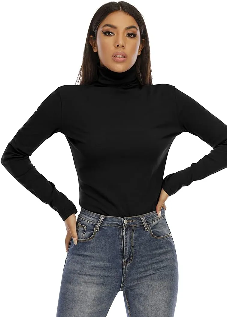 Women's Basic Long Sleeve Turtleneck T-Shirt Solid Slim Soft Cotton Tops