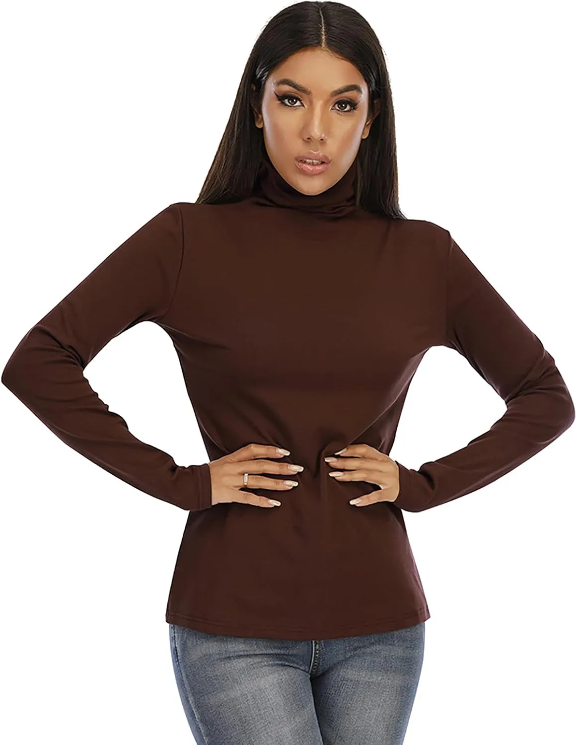 Women's Basic Long Sleeve Turtleneck T-Shirt Solid Slim Soft Cotton Tops