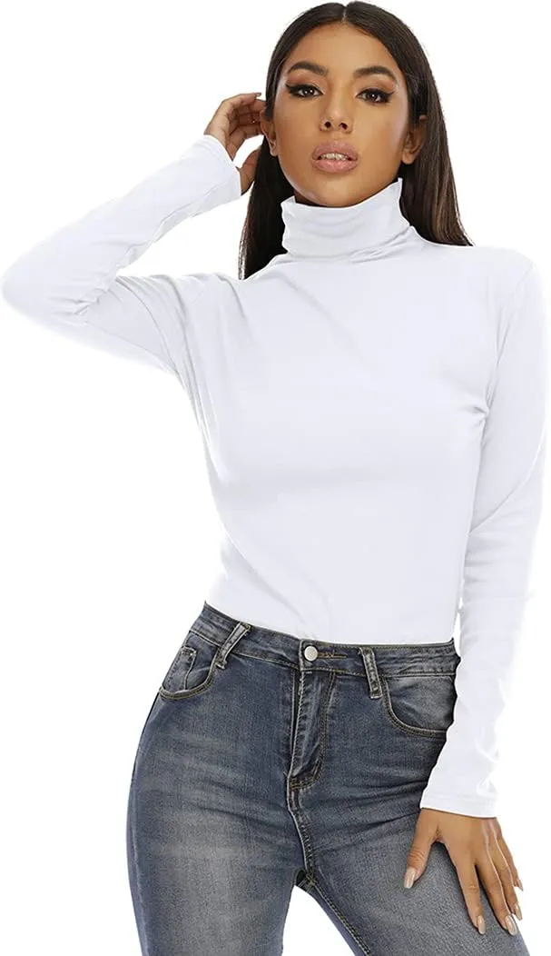Women's Basic Long Sleeve Turtleneck T-Shirt Solid Slim Soft Cotton Tops