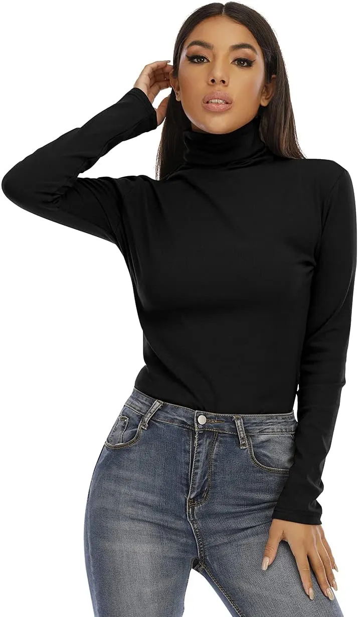 Women's Basic Long Sleeve Turtleneck T-Shirt Solid Slim Soft Cotton Tops