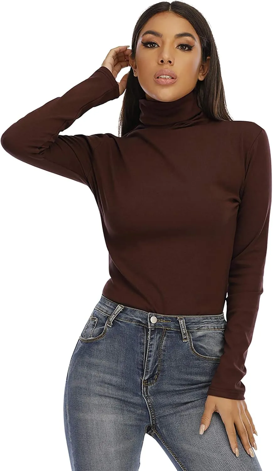 Women's Basic Long Sleeve Turtleneck T-Shirt Solid Slim Soft Cotton Tops