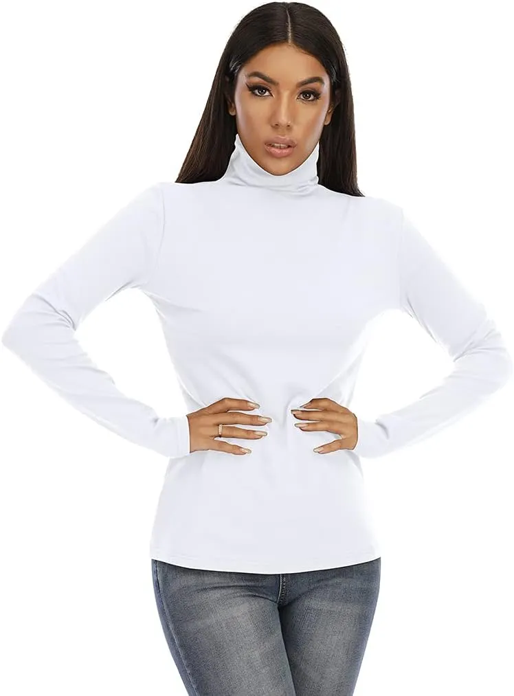 Women's Basic Long Sleeve Turtleneck T-Shirt Solid Slim Soft Cotton Tops