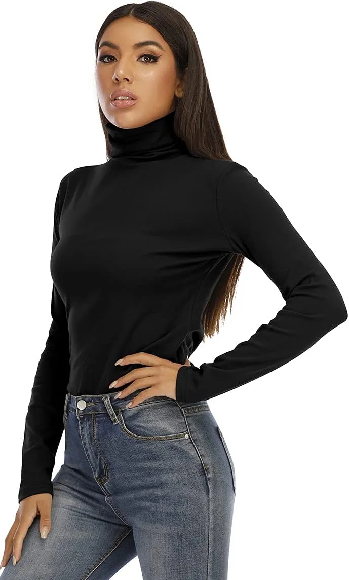 Women's Basic Long Sleeve Turtleneck T-Shirt Solid Slim Soft Cotton Tops