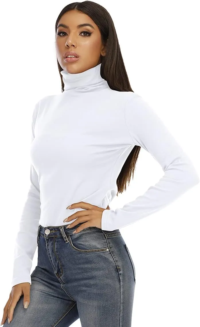 Women's Basic Long Sleeve Turtleneck T-Shirt Solid Slim Soft Cotton Tops