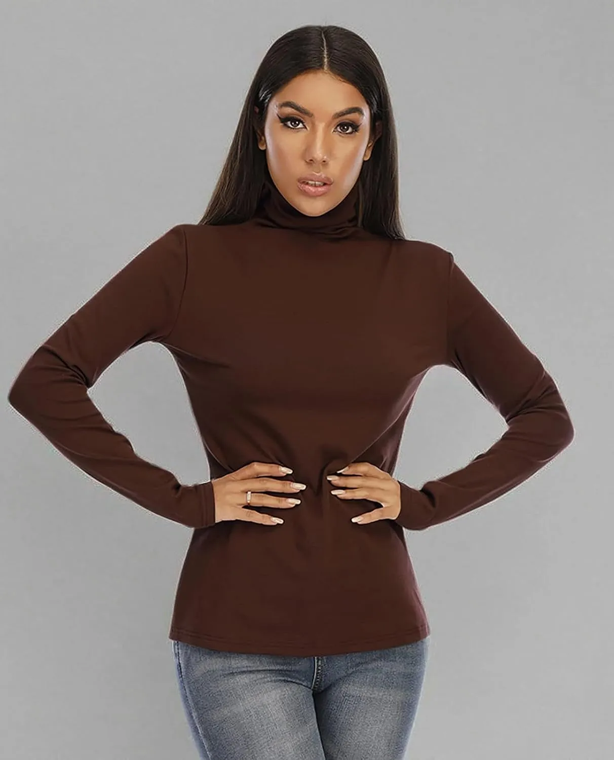 Women's Basic Long Sleeve Turtleneck T-Shirt Solid Slim Soft Cotton Tops